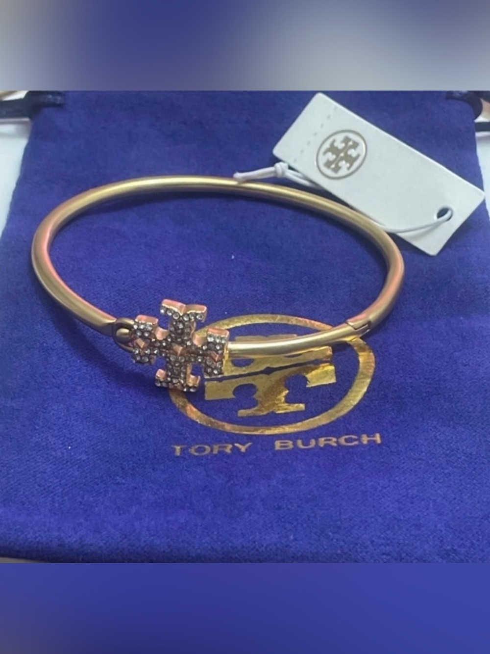Tory Burch Gold-Tone Crystal Logo Bangle Bracelet - Gold